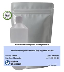 Ammonium Molybdate Solution R3 (I+II) (200 Ml + 800 mL) - British Pharmacopoeia, Fisher Chemical 1000 mL | Buy Online | Fisher Chemical | Fisher Scientific