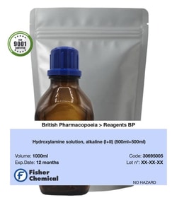 Hydroxylamine Solution, Alkaline (I+II) (500 mL + 500 mL) - British Pharmacopoeia, Fisher Chemical 1000 mL | Buy Online | Fisher Chemical | Fisher Scientific