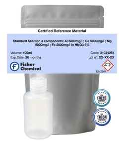 Fisherbrand&trade;&nbsp;Standard Solution 4 components: Al 5000 mg/L; Ca 5000 mg/L; Mg 5000 mg/L; Fe 2000 mg/L in HNO3 5%
