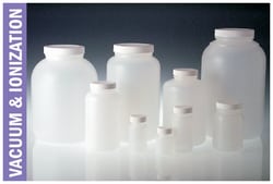 Qorpak™ Natural HDPE Wide Mouth Round Bottles with Black Phenolic Solid PE Caps, Vacuum and Ionized