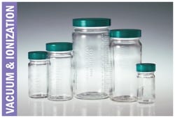 Qorpak™ Graduated Medium Round Bottles, Vacuum and Ionized with Green Thermoset F217 and PTFE Caps