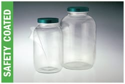Qorpak™ Safety Coated Clear Standard Wide Mouth Bottles: With Green Thermoset F217 and PTFE Caps