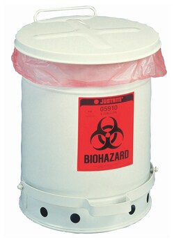 Justrite&trade;&nbsp;10 Gallon Biohazard Waste Can, Foot-Operated Self-Closing SoundGard&trade; Cover
