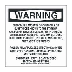 Brady&trade;&nbsp;Polyester Warning Sign: DETECTABLE AMOUNTS OF CHEMICALS OR SUBSTANCES KNOWN ... TO CAUSE &hellip; USE CARE WHEN HANDLING CHEMICAL, PETROLEUM AND PAINT PRODUCTS.