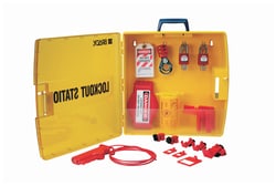 Brady Ready Access Valve Electrical Lockout Station (2) 1 in lockout hasp; (2) multi-pole breaker lockout; (6) 1.5 in shackle red kd safety padlock; (6) lockout tag; all purpose cable lockout; ball valve lockout | Buy Online | Brady&trade; | Fisher Scientific