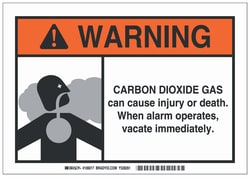 Brady™ Polystyrene Warning Sign: CARBON DIOXIDE GAS CAN CAUSE INJURY OR DEATH. WHEN ALARM OPERATES, VACATE IMMEDIATELY.