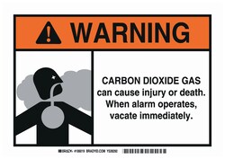 Brady™ Aluminum Warning Sign: CARBON DIOXIDE GAS CAN CAUSE INJURY OR DEATH. WHEN ALARM OPERATES, VACATE IMMEDIATELY.