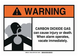 Brady&trade;&nbsp;Aluminum Warning Sign: CARBON DIOXIDE GAS CAN CAUSE INJURY OR DEATH. WHEN ALARM OPERATES, VACATE IMMEDIATELY.