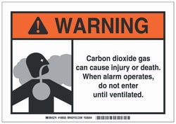 Brady™ Polystyrene Warning Sign: CARBON DIOXIDE GAS CAN CAUSE INJURY OR DEATH. WHEN ALARM OPERATES, DO NOT ENTER UNTIL VENTILATED.