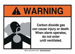 Brady Aluminum Warning Sign: CARBON DIOXIDE GAS CAN CAUSE INJURY OR DEATH. WHEN ALARM OPERATES, DO NOT ENTER UNTIL VENTILATED. 14 x 10 in. | Buy Online | Brady&trade; | Fisher Scientific