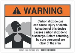 Brady™ Polyester Warning Sign: CARBON DIOXIDE GAS CAN CAUSE INJURY OR DEATH. ACTUATION OF THIS DEVICE CAUSES CARBON DIOXIDE TO DISCHARGE. BEFORE ACTUATING, BE SURE PERSONNEL ARE CLEAR OF THE AREA.