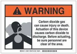 Brady™ Polystyrene Warning Sign: CARBON DIOXIDE GAS CAN CAUSE INJURY OR DEATH. ACTUATION OF THIS DEVICE CAUSES CARBON DIOXIDE TO DISCHARGE. BEFORE ACTUATING – CLEAR OF THE AREA.