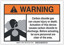 Brady&trade;&nbsp;Fiberglass Warning Sign: CARBON DIOXIDE GAS CAN CAUSE INJURY OR DEATH. ACTUATION OF THIS DEVICE CAUSES CARBON DIOXIDE TO DISCHARGE. BEFORE ACTUATING &ndash; CLEAR OF THE AREA.