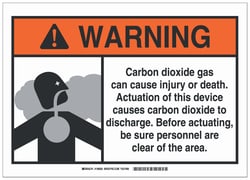 Brady Fiberglass Warning Sign: CARBON DIOXIDE GAS CAN CAUSE INJURY OR DEATH. ACTUATION OF THIS DEVICE CAUSES CARBON DIOXIDE TO DISCHARGE. BEFORE ACTUATING CLEAR OF THE AREA. 14 x 10 in. | Buy Online | Brady&trade; | Fisher Scientific