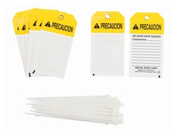 Brady™ Two-Sided Polyester Tag: PRECAUCION NO QUITE ESTA TARJETA COMENTARIOS: