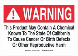 Brady&trade;&nbsp;Polystyrene Warning Sign: THIS PRODUCT MAY CONTAIN A CHEMICAL KNOWN TO THE STATE OF CALIFORNIA TO CAUSE CANCER OR BIRTH DEFECTS OR OTHER REPRODUCTIVE HARM