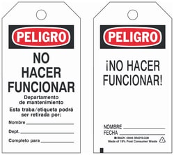 Brady&trade;&nbsp;Two-Sided Polyester Tag: PELIGRO NO HACER FUNCIONAR DEPARTAMENTO DE MANTENIMIENTO&hellip;