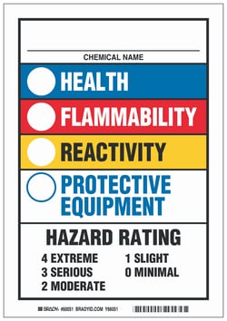 Brady&trade;&nbsp;Polyester Warning Sign: CHEMICAL NAME HEALTH FLAMMABILITY REACTIVITY PROTECTIVE EQUIPMENT
