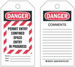 Brady Polyester Encased Paper Tag: DANGER PERMIT ENTRY CONFINED SPACE ENTRY