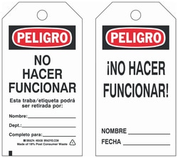 Brady&trade;&nbsp;Two-Sided Polyester Tag: PELIGRO NO HACER FUNCIONAR ESTA TRABA/ETIQUETA PODRA RETIRADA POR&hellip;