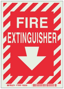Brady™ Polyester BradyGlo™ Fire Extinguisher Sign: FIRE EXTINGUISHER, White on Red, Arrow