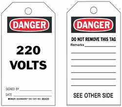 Brady&trade;&nbsp;Polyester Encased Paper Tag: DANGER 220 VOLTS SIGNED BY: DATE: