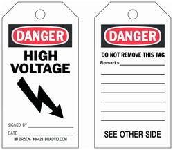 Brady™ Polyester Encased Paper Tag: DANGER HIGH VOLTAGE SIGNED BY: DATE: