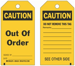 Brady&trade;&nbsp;Polyester Encased Paper Tag: CAUTION OUT OF ORDER SIGNED BY: DATE: