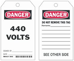 Brady&trade;&nbsp;Polyester Encased Paper Tag: DANGER 440 VOLTS SIGNED BY: DATE: