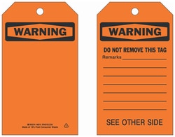 Brady Self-Laminating Tag: WARNING DO NOT REMOVE THIS Tag: REMARKS Black, Orange | Buy Online | Brady&trade; | Fisher Scientific