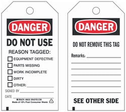 Brady&trade;&nbsp;Polyester Tag: DANGER DO NOT USE REASON TAGGED: &ast;EQUIPMENT DEFECTIVE &ast;PARTS MISSING &ast;WORK INCOMPLETE &ast;DIRTY &ast;OTHER SIGNED BY: DATE: