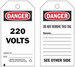 Brady&trade;&nbsp;Paper Cardstock Tag: DANGER 220 VOLTS SIGNED BY: DATE: