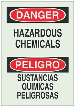 Brady&trade;&nbsp;Phosphorescent Polyester Polystyrene Danger/ Peligro Sign: HAZARDOUS CHEMICALS/ SUSTANCIAS QUIMICAS PELIGROSAS