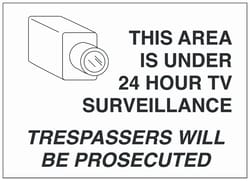 Brady™ Polystyrene Security, Admittance & CCTV Sign: THIS AREA IS UNDER 24 HOUR TV SURVEIILLANCE TRESPASSERS WILL BE PROSECUTED