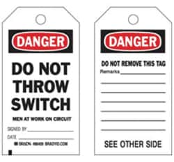Brady&trade;&nbsp;Polyester Encased Paper Tag: DANGER DO NOT THROW SWITCH MEN AT WORK ON CIRCUIT SIGNED BY: DATE: