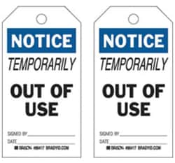 Brady&trade;&nbsp;Paper Cardstock Tag: NOTICE TEMPORARILY OUT OF USE SIGNED BY: DATE: