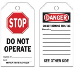 Brady™ Paper Cardstock Tags with Cotton String Ties: STOP DO NOT OPERATE SIGNED BY: DATE: