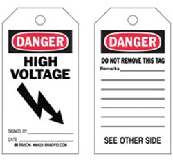 Brady&trade;&nbsp;Paper Cardstock Tag: DANGER HIGH VOLTAGE SIGNED BY: DATE: