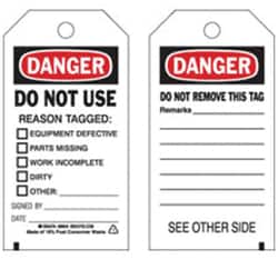 Brady&trade;&nbsp;Paper Cardstock Tag: DANGER DO NOT USE REASON TAGGED: &ast;EQUIPMENT DEFECTIVE &ast;PARTS MISSING &ast;WORK INCOMPLETE &ast;DIRTY &ast;OTHER SIGNED BY: DATE: