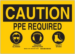 Brady&trade;&nbsp;Signs: CAUTION: PPE REQUIRED SAFETY GLASSES HEARING PROTECTION SAFETY SHOES (W/PICTO)