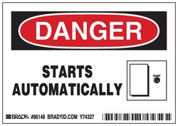 Brady™ Machine/Equipment Label, Header: DANGER, Legend: STARTS AUTOMATICALLY