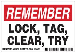 Brady™ Machine/Equipment Label, Header: REMEMBER, Legend: LOCK, TAG, CLEAR, TRY