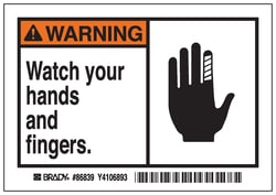 Brady™ Machine/Equipment Label, Header: WARNING, Legend: Watch your hands and fingers