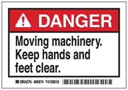Brady™ Machine/Equipment Label, Header: DANGER, Legend: MOVING MACHINERY KEEP HANDS AND FEET CLEAR