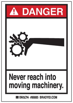 Brady™ Machine/Equipment Label, Header: DANGER, Legend: NEVER REACH INTO MOVING MACHINERY