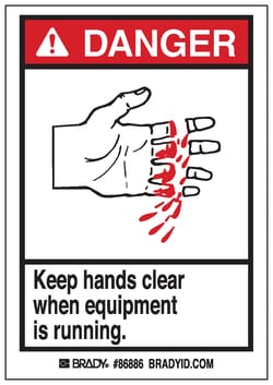 Brady™ Machine/Equipment Label, Header: DANGER, Legend: Keep hands clear when equipment is running