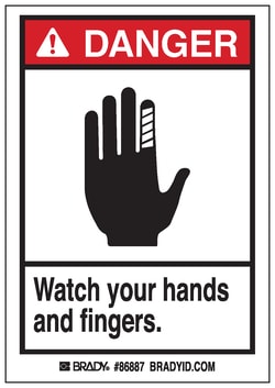 Brady™ Machine/Equipment Label, Header: DANGER, Legend: Watch your hands and fingers