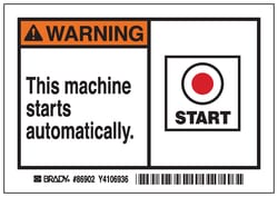 Brady™ Machine/Equipment Label, Header: WARNING, Legend: This machine starts automatically