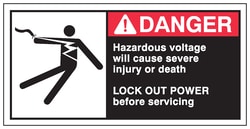 Brady&trade;&nbsp;Signs: DANGER: HAZARDOUS VOLTAGE WILL CAUSE SEVERE INJURY OR DEATH LOCK OUT POWER BEFORE SERVICING (W/PICTO)