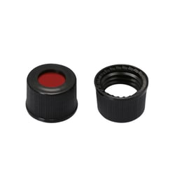 Tisch Scientific Screw Cap 13mm Black Plastic Vial Cap with Red PTFE/White Silicone Septa - 100/pk, CV1945